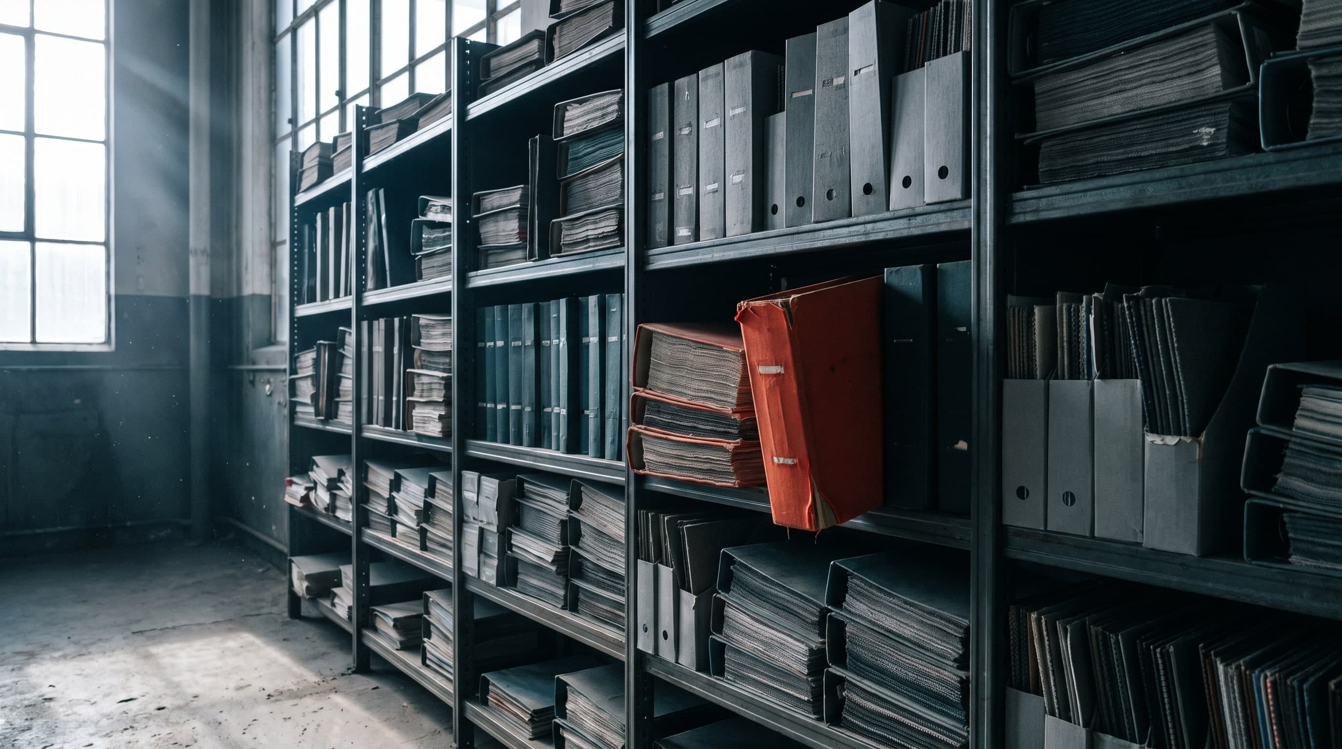 An archive wall of bound textile sample books and swatch folders on steel shelving