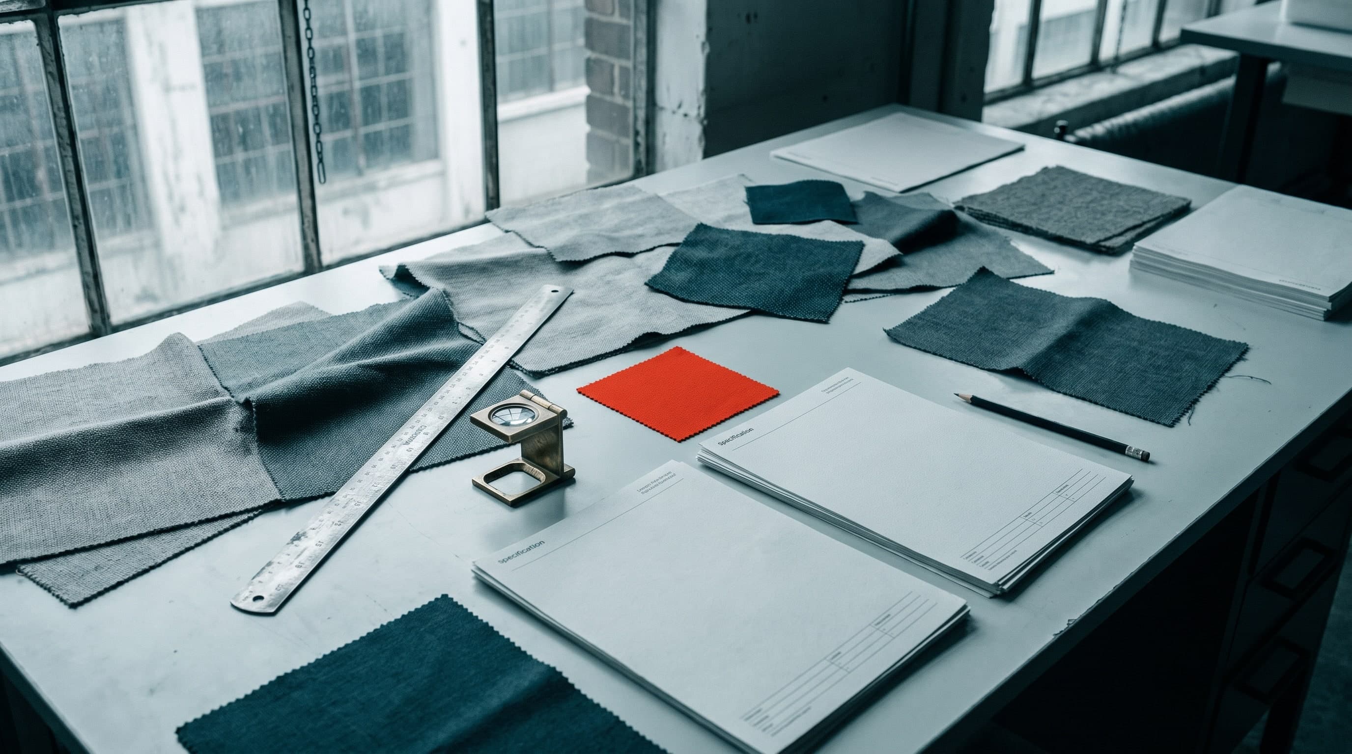 A desk with fabric swatches, a steel rule, a magnifier and specification sheets on a pale work surface