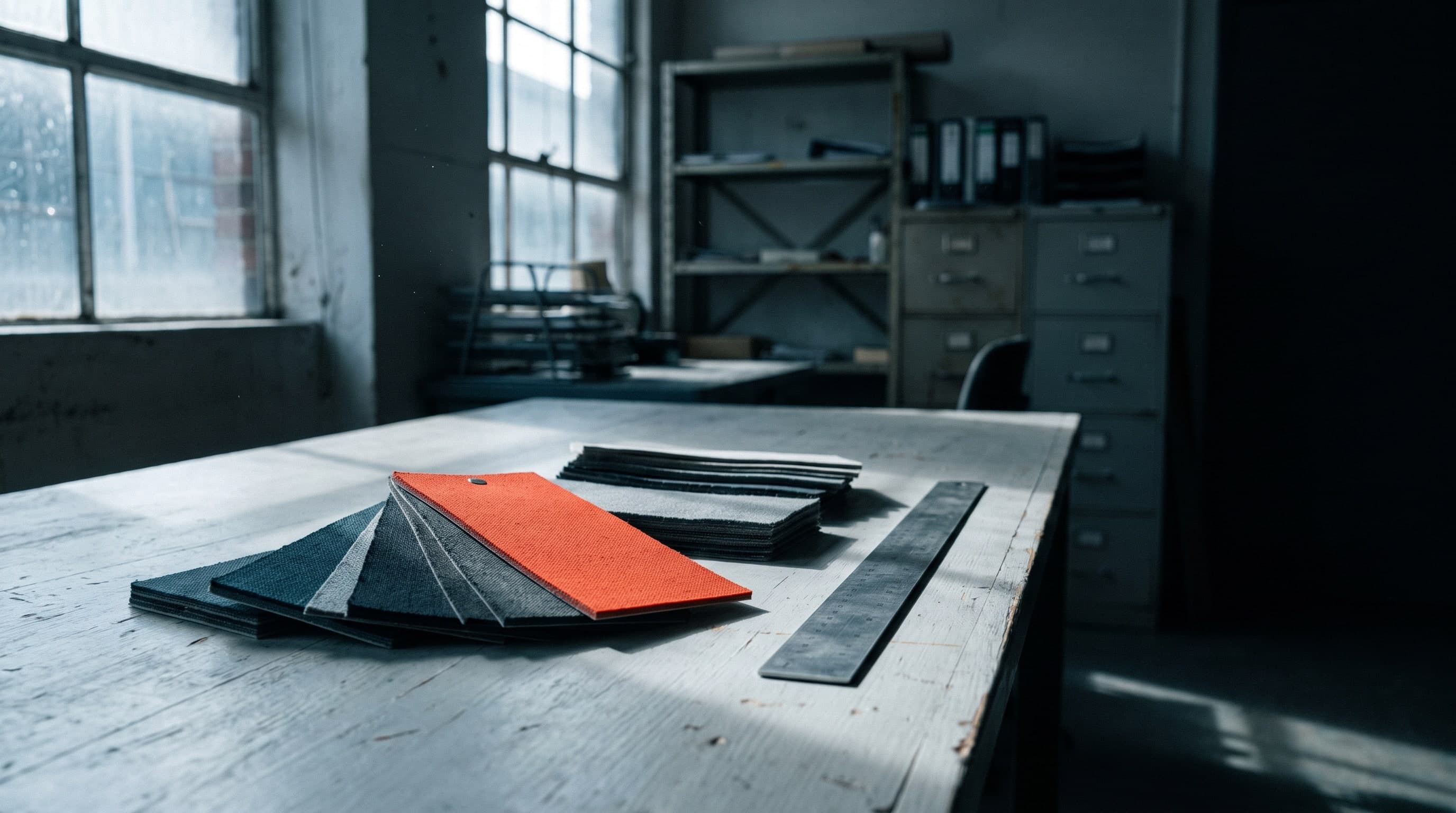 A stack of textile swatch cards fanned out on a pale table, one of them in a signal colour