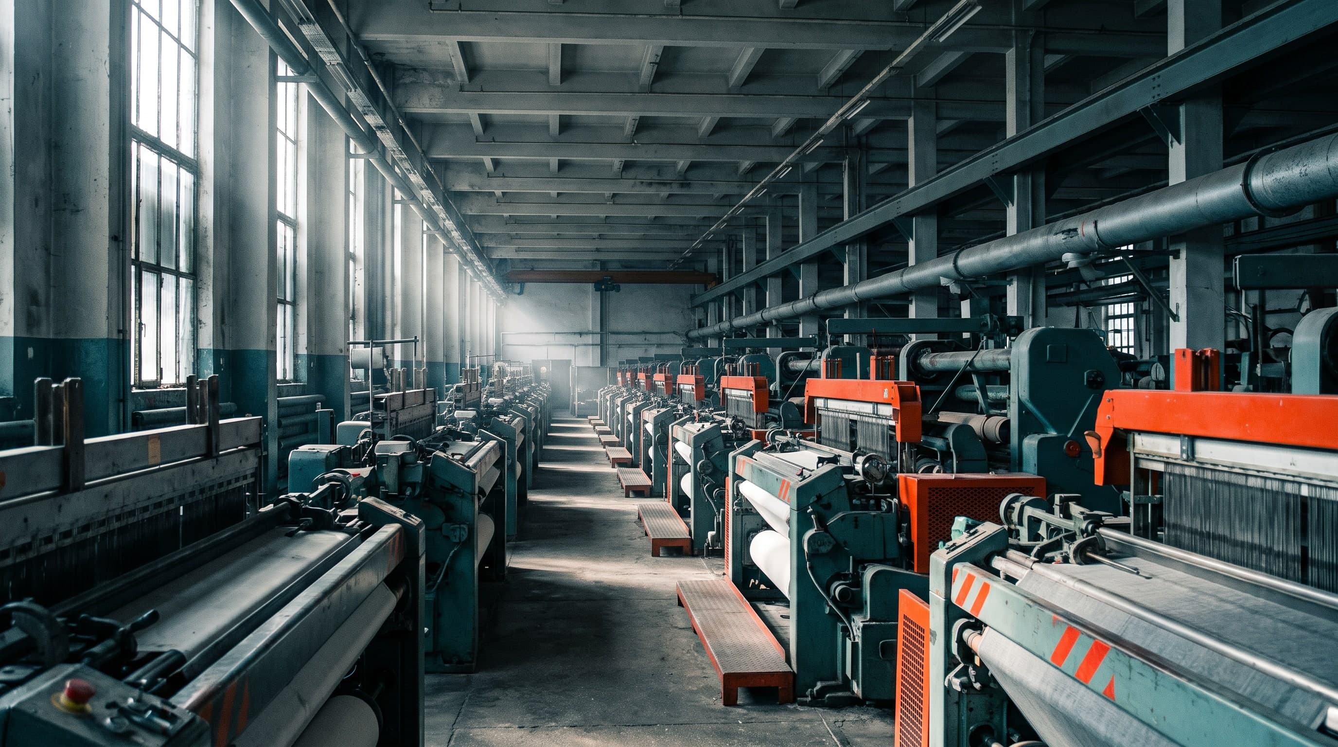 A wide hall with a long row of industrial textile machines seen from the aisle