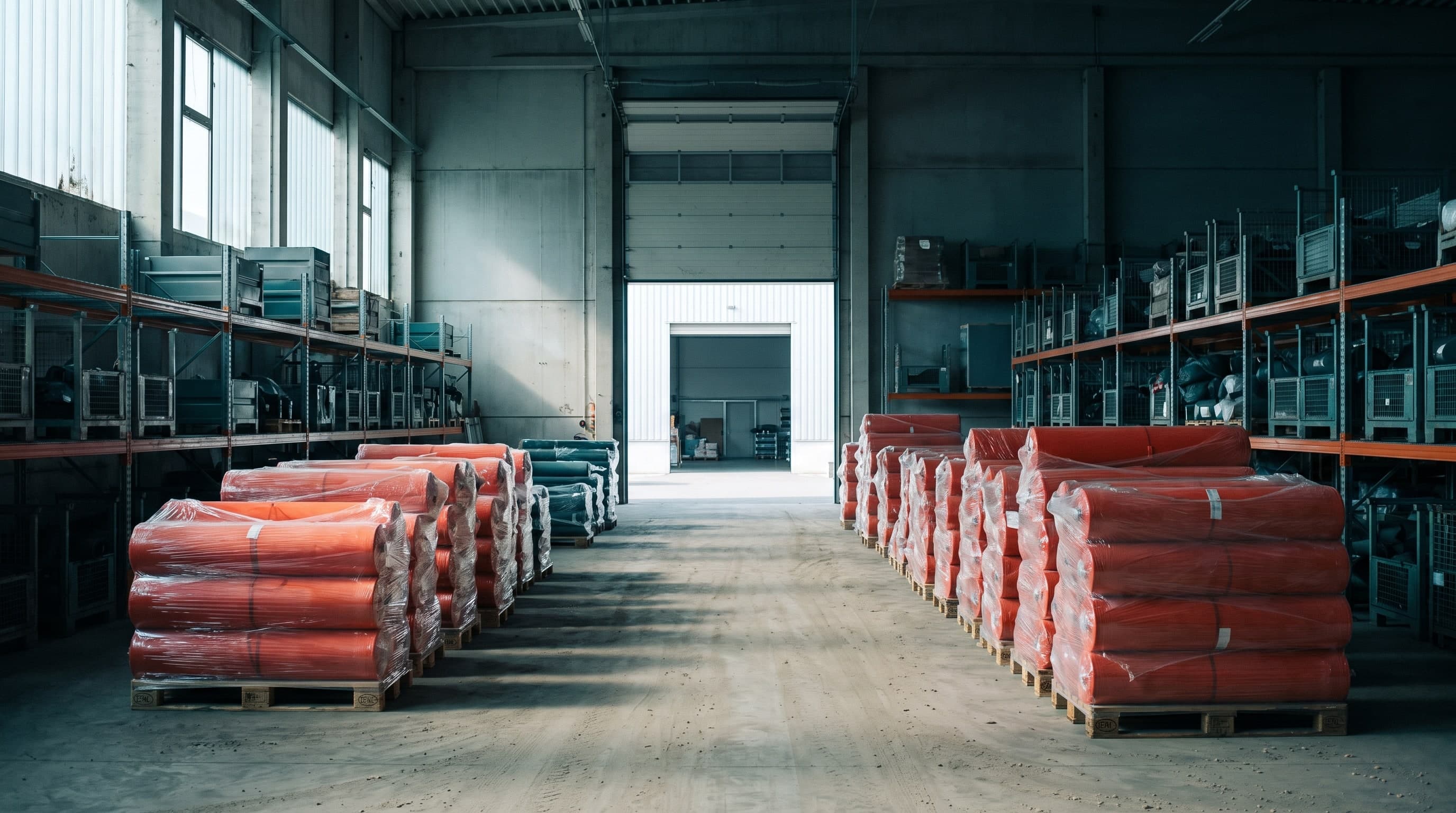 A logistics hall with palletised, shrink-wrapped rolls of technical fabric staged in front of an open loading door