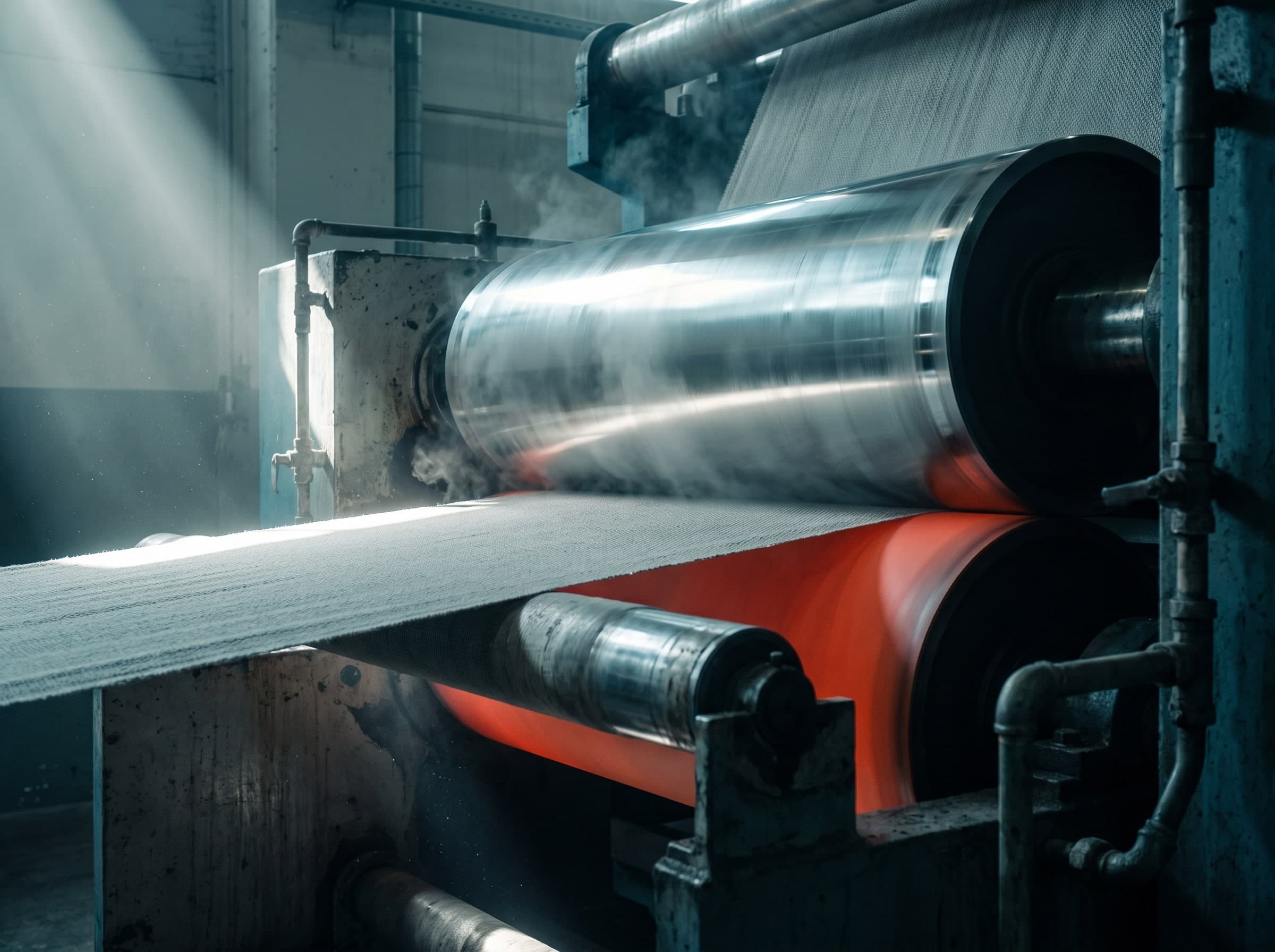 Close-up of a heated calender roller nip with a fabric web passing through