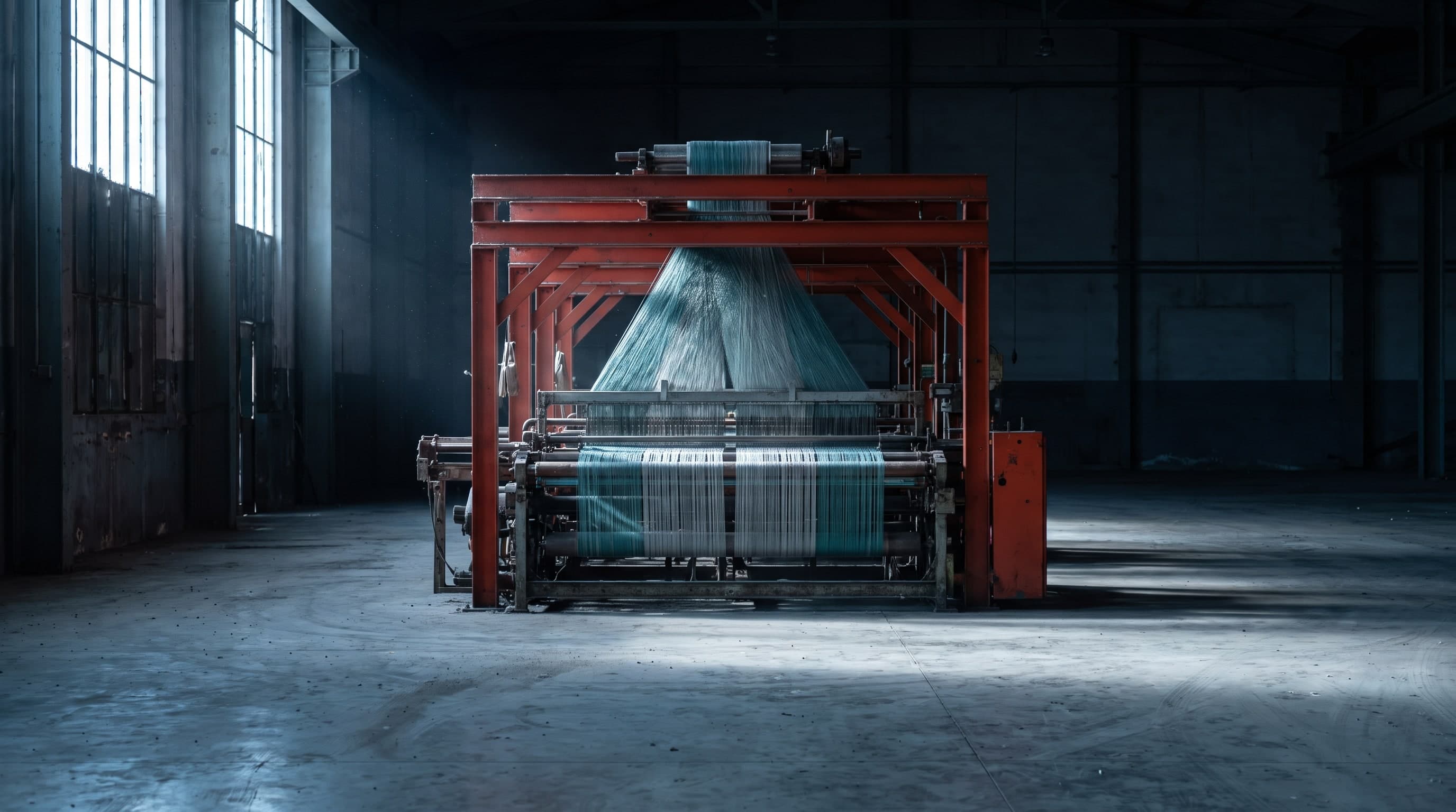 A single industrial weaving machine standing alone in a large empty hall, lit from one side