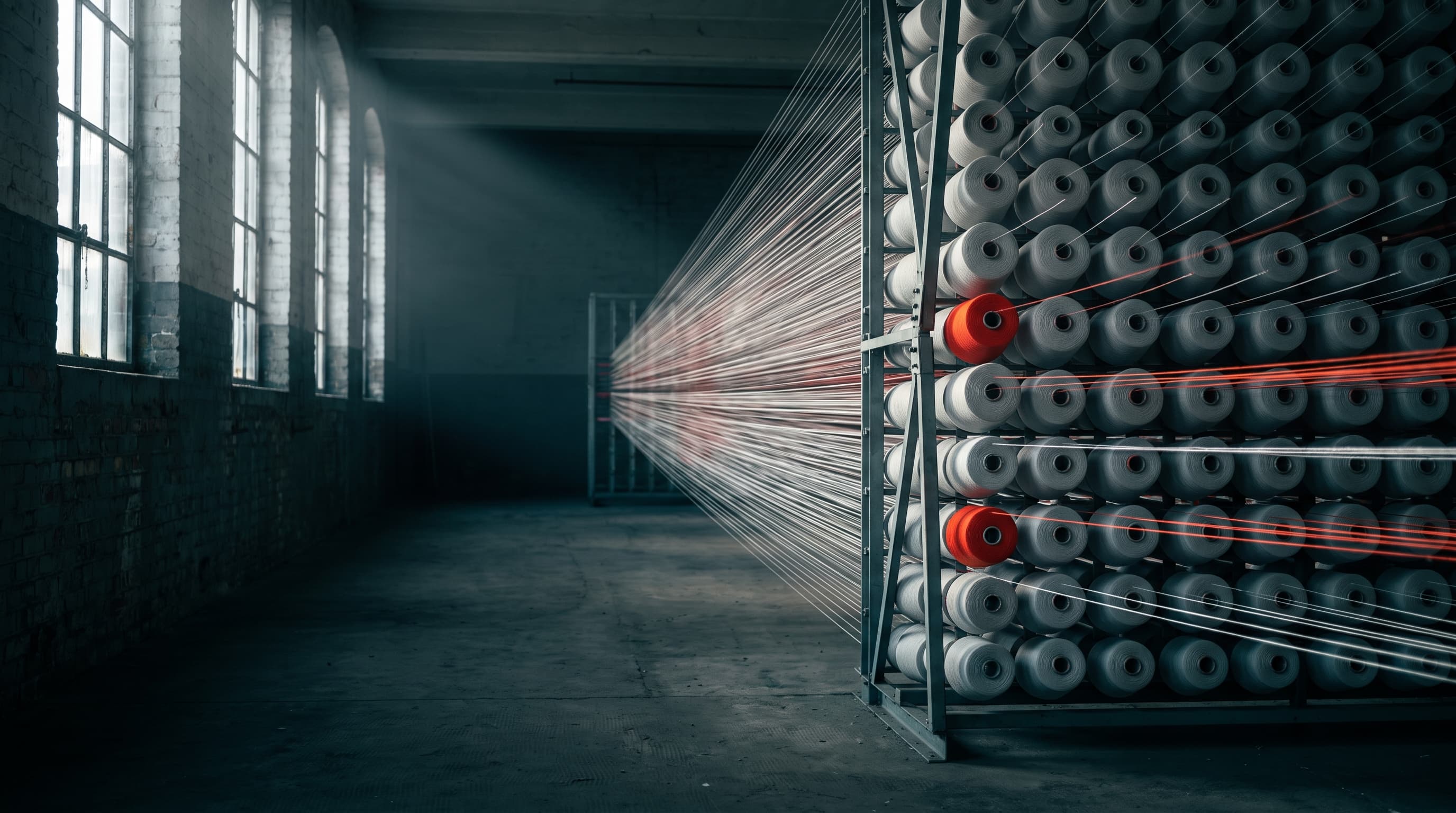 A creel frame loaded with yarn bobbins in a factory hall, hundreds of threads running off into the depth of the room