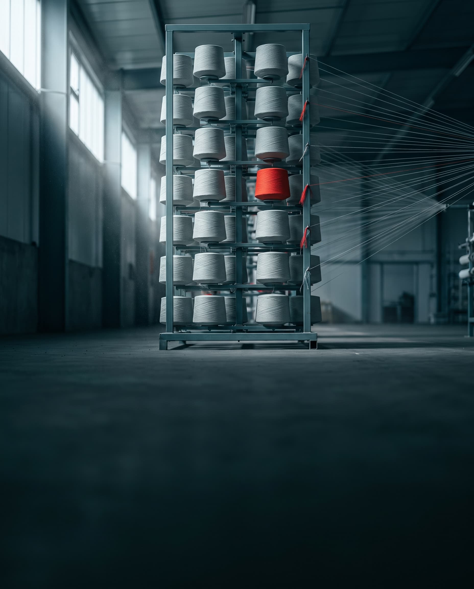 A creel frame loaded with yarn bobbins in a factory hall, hundreds of threads running off into the depth of the room
