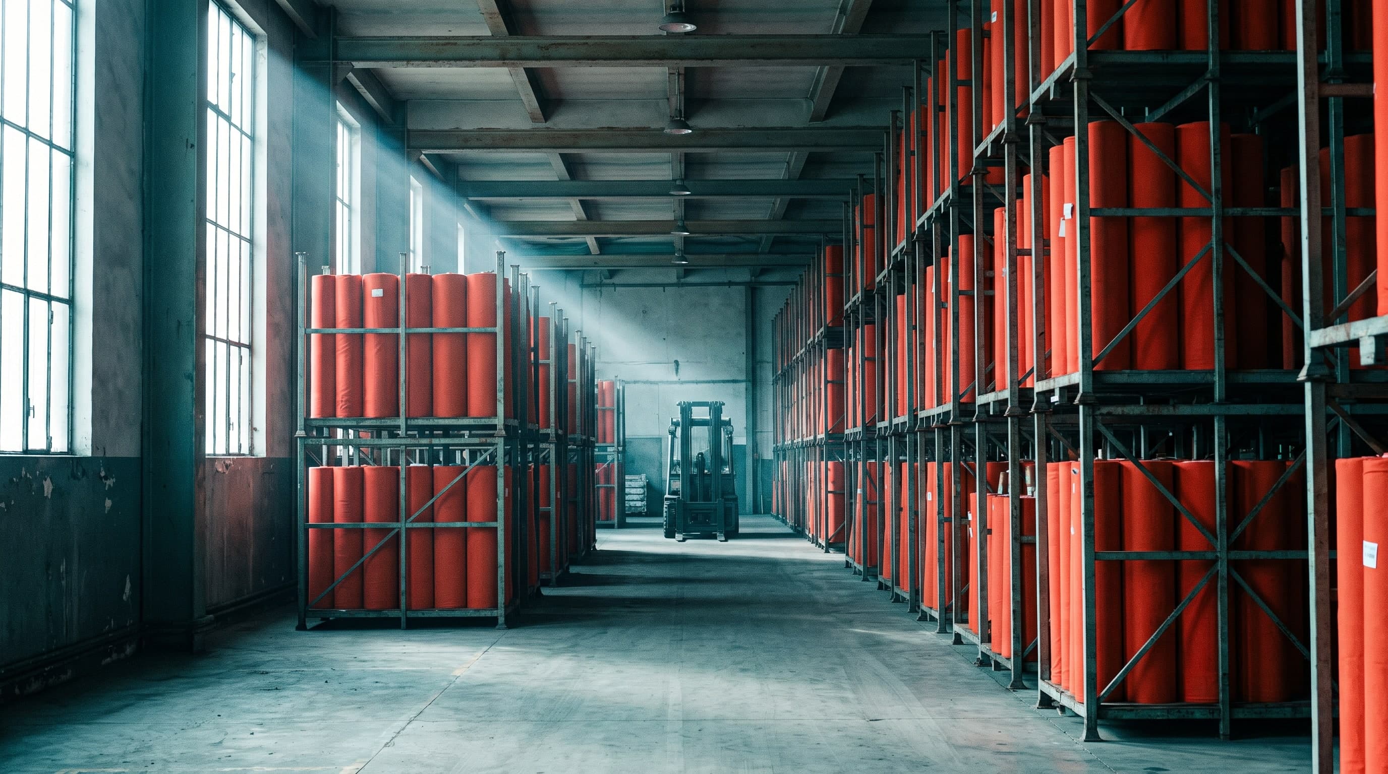 Rows of upright fabric rolls in steel racking inside a high industrial storage hall