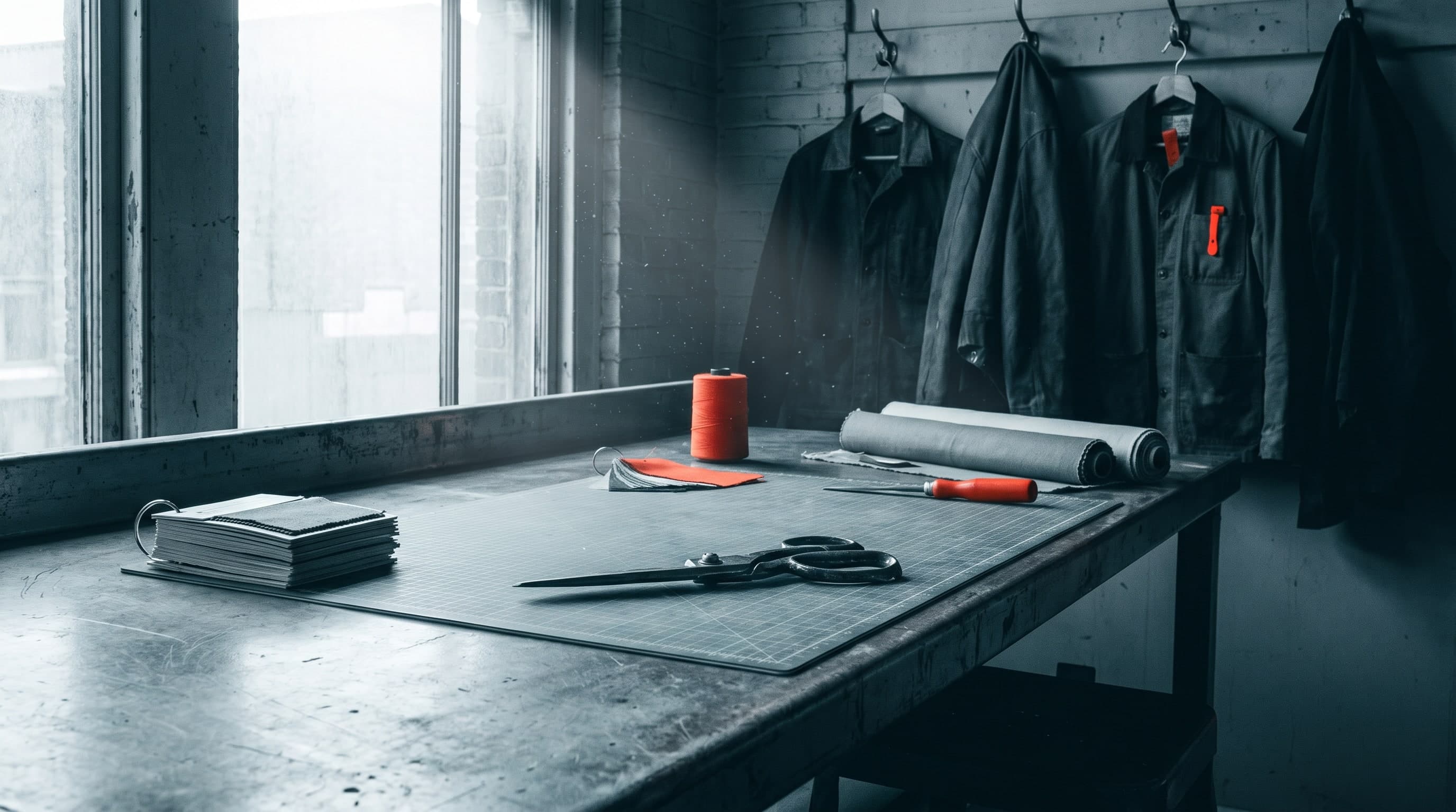 A steel workbench with fabric samples, a cutting mat, shears and a stack of sample cards, work jackets on hooks behind