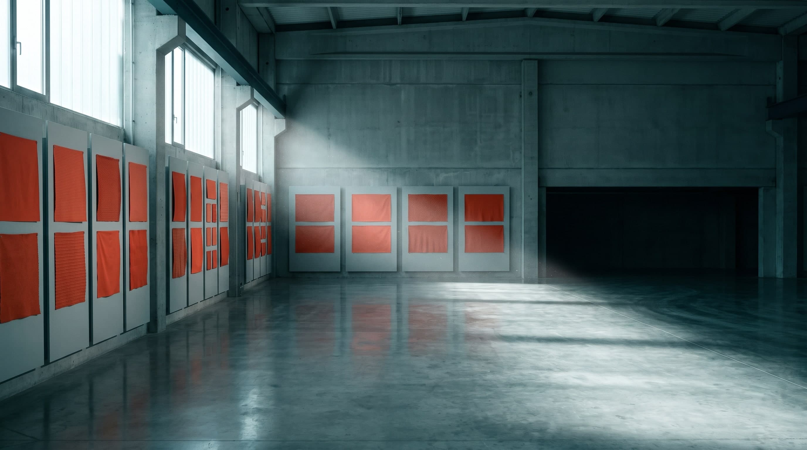 A minimal industrial space with technical fabric samples mounted flat on plain panels along a wall