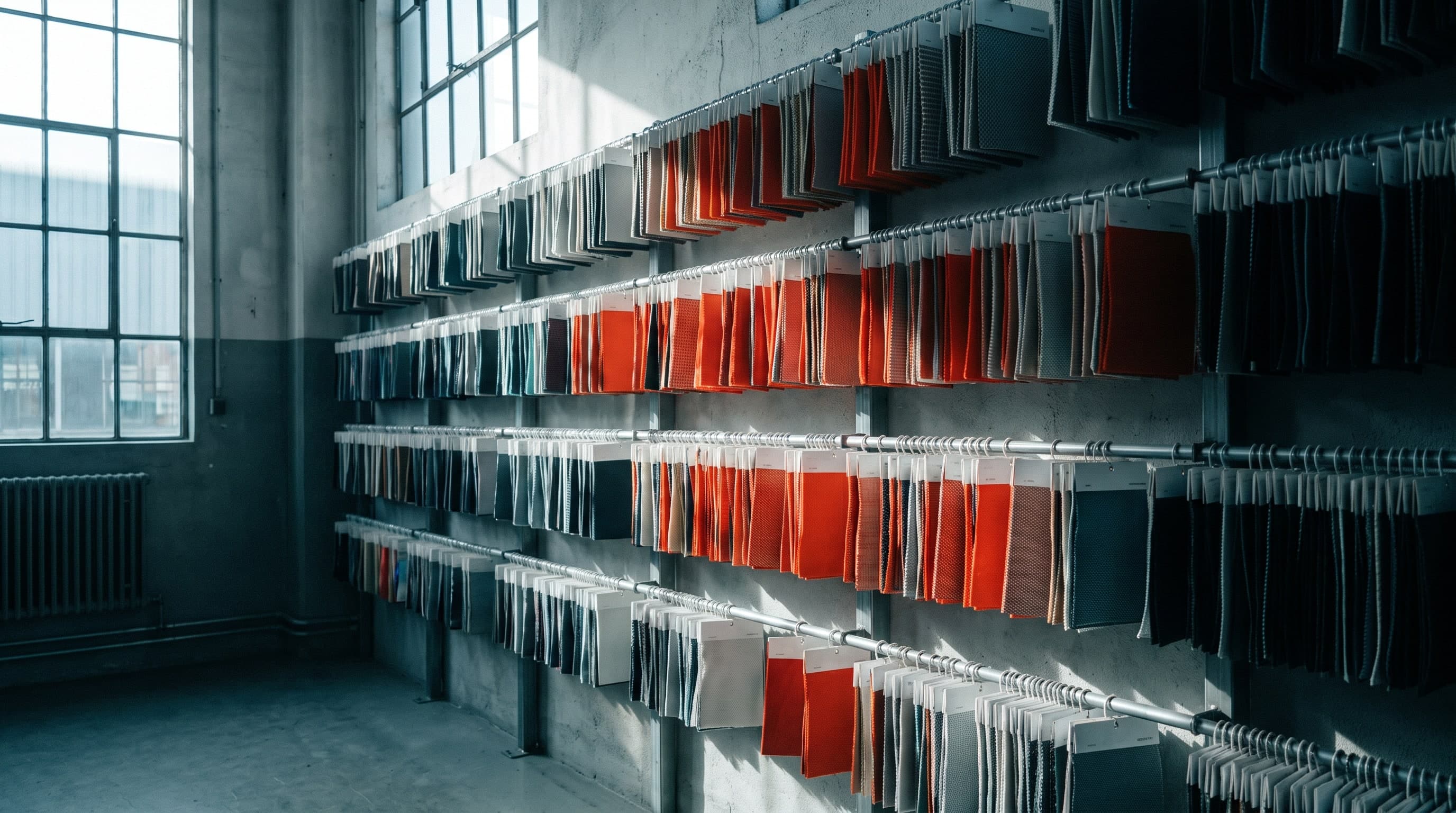A wall of textile sample swatch cards hanging in rows in a sample room