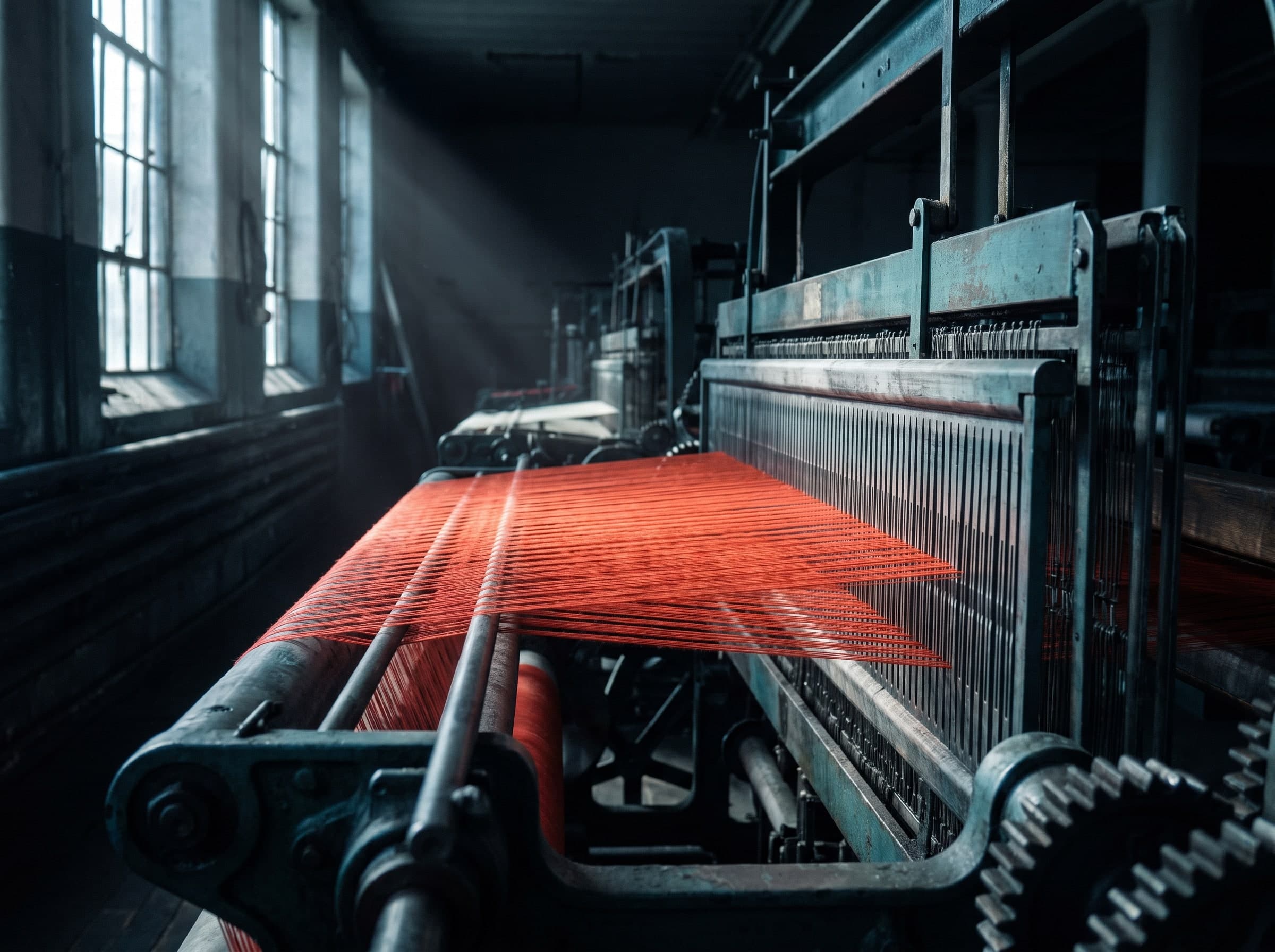 Close-up of the steel reed of a weaving machine with hundreds of parallel warp threads