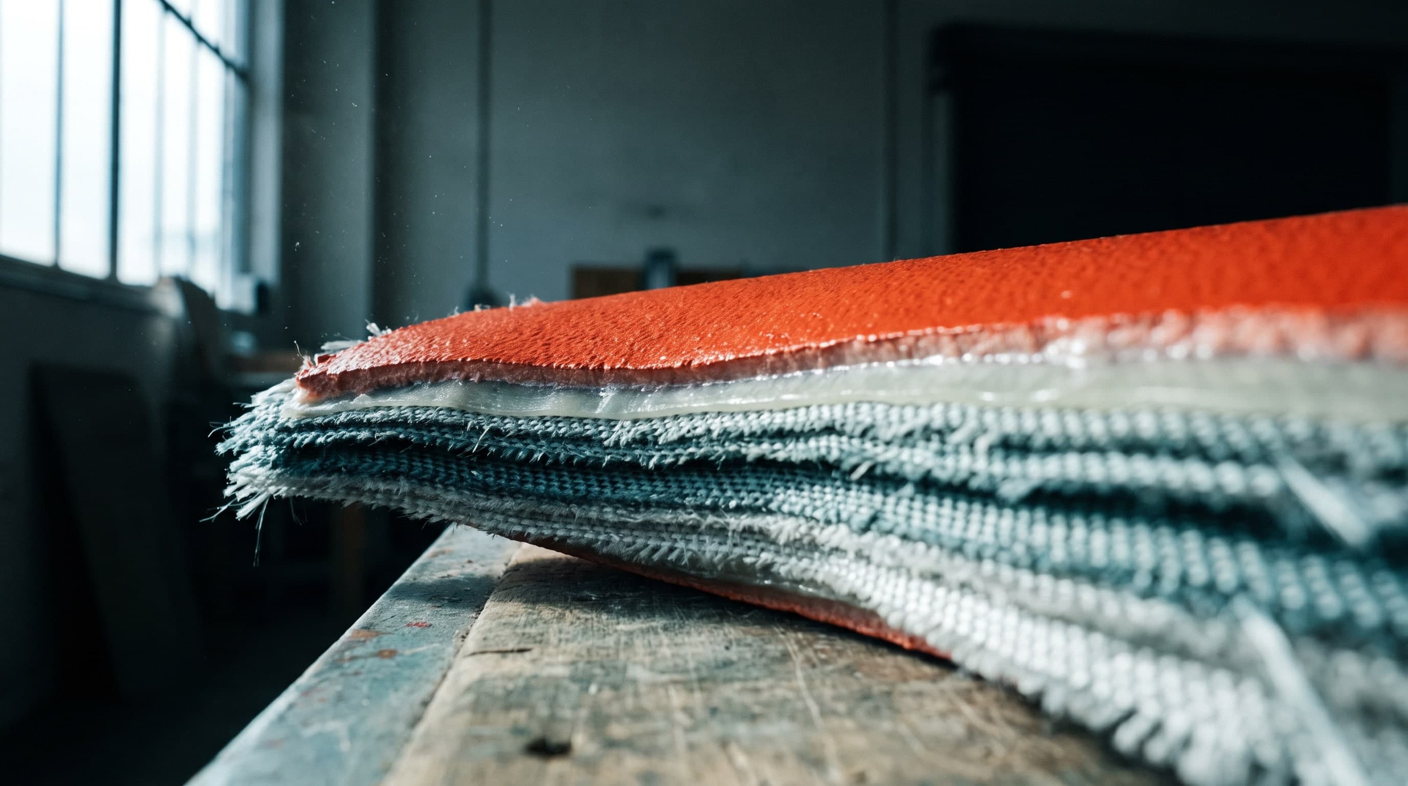 Close-up of the cut edge of a coated technical laminate, the woven base cloth, the adhesive film and the coloured top coating visible as separate layers