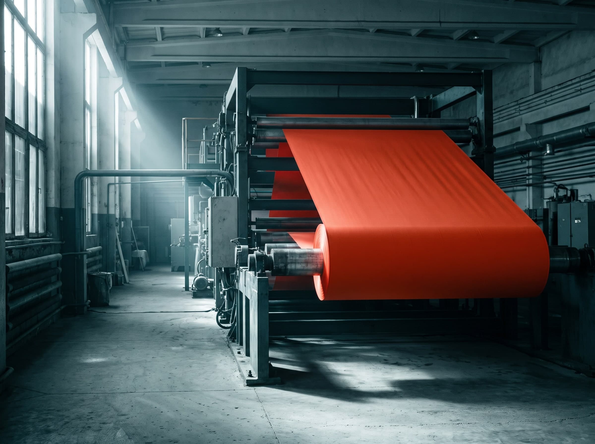A wide coated fabric web being wound onto a steel beam at the end of a laminating line