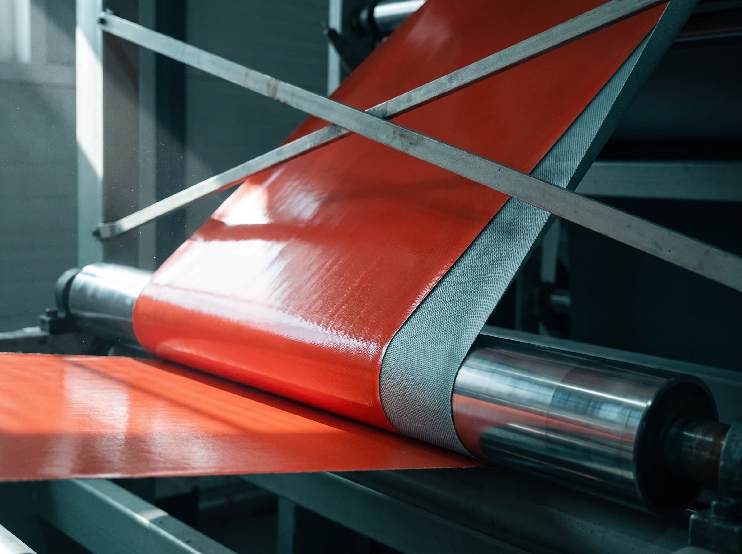 A coated fabric web running over a polished steel roller on a coating line