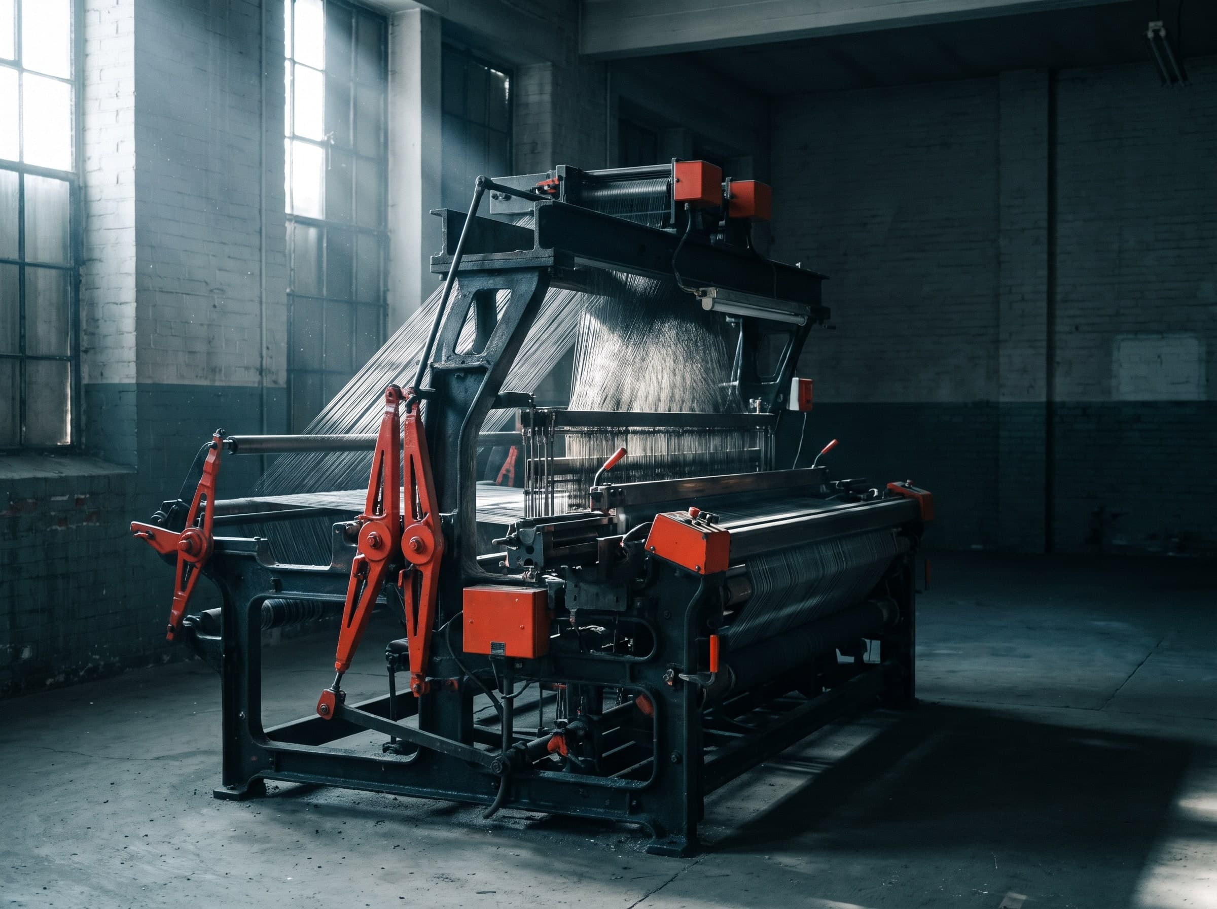 An industrial narrow-fabric loom standing in a factory hall, threads under tension