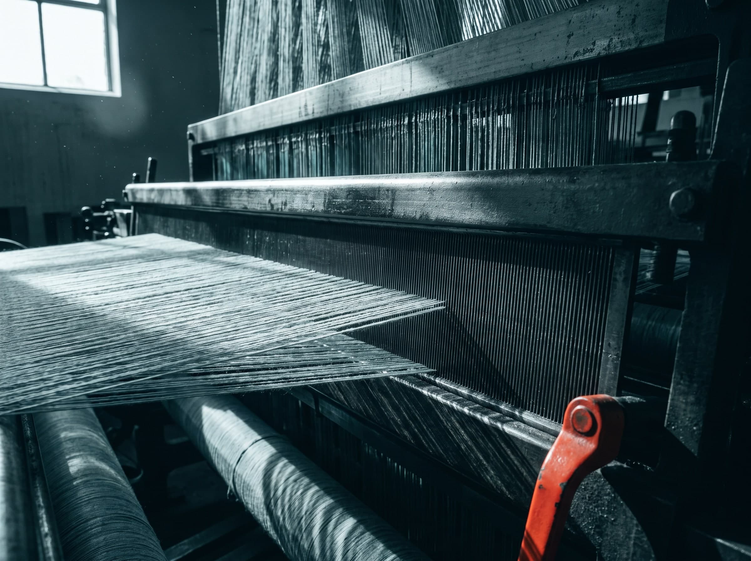 Close-up of the steel reed and warp sheet of an industrial weaving machine
