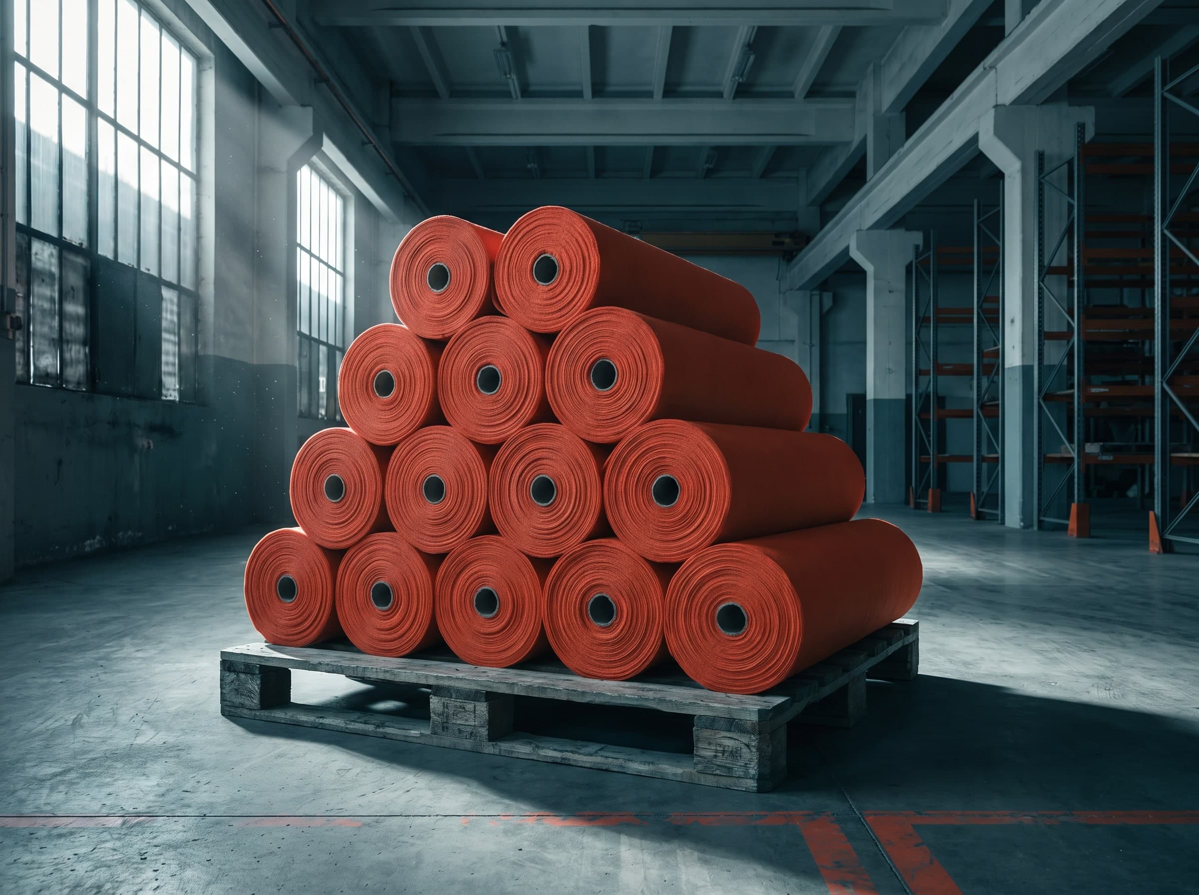Cut nonwoven rolls stacked on a pallet, the layered web visible at the cut faces