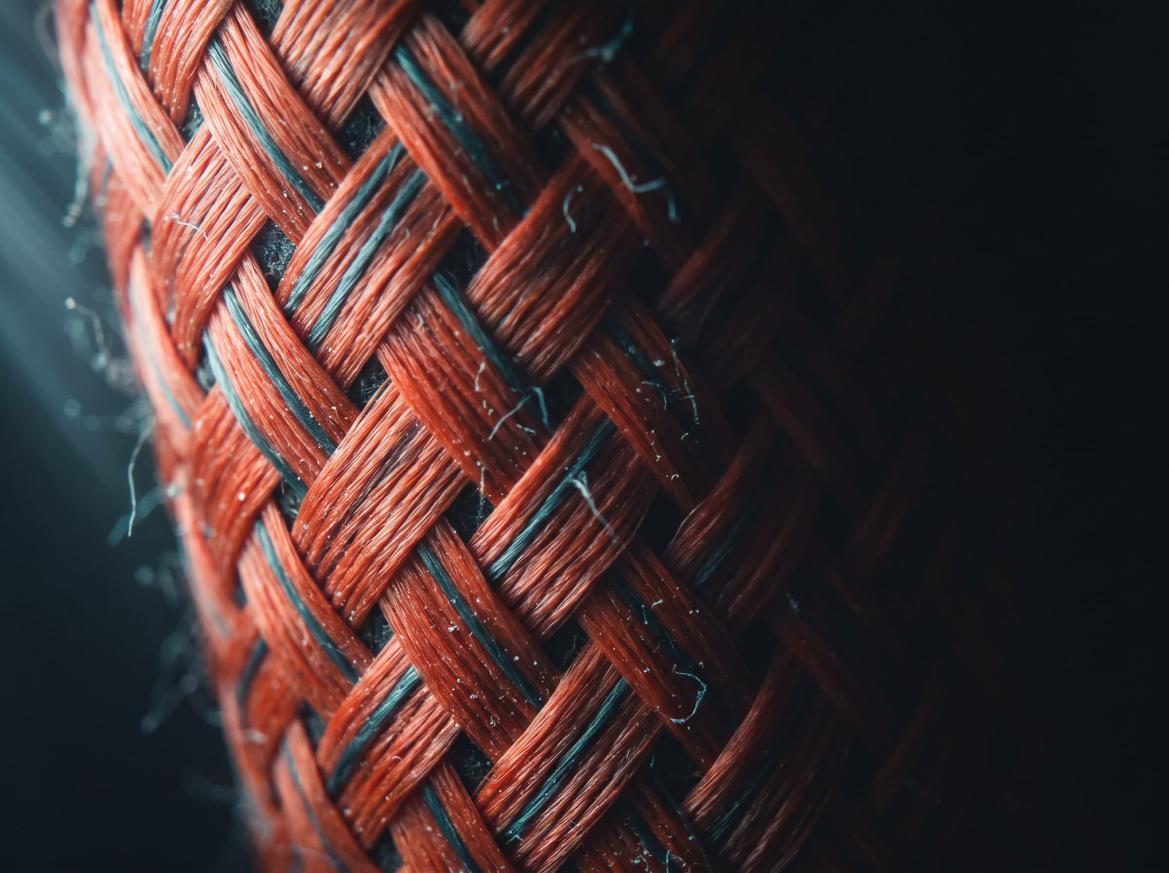Macro view of a braided technical sleeving, the crossing filament bundles clearly visible