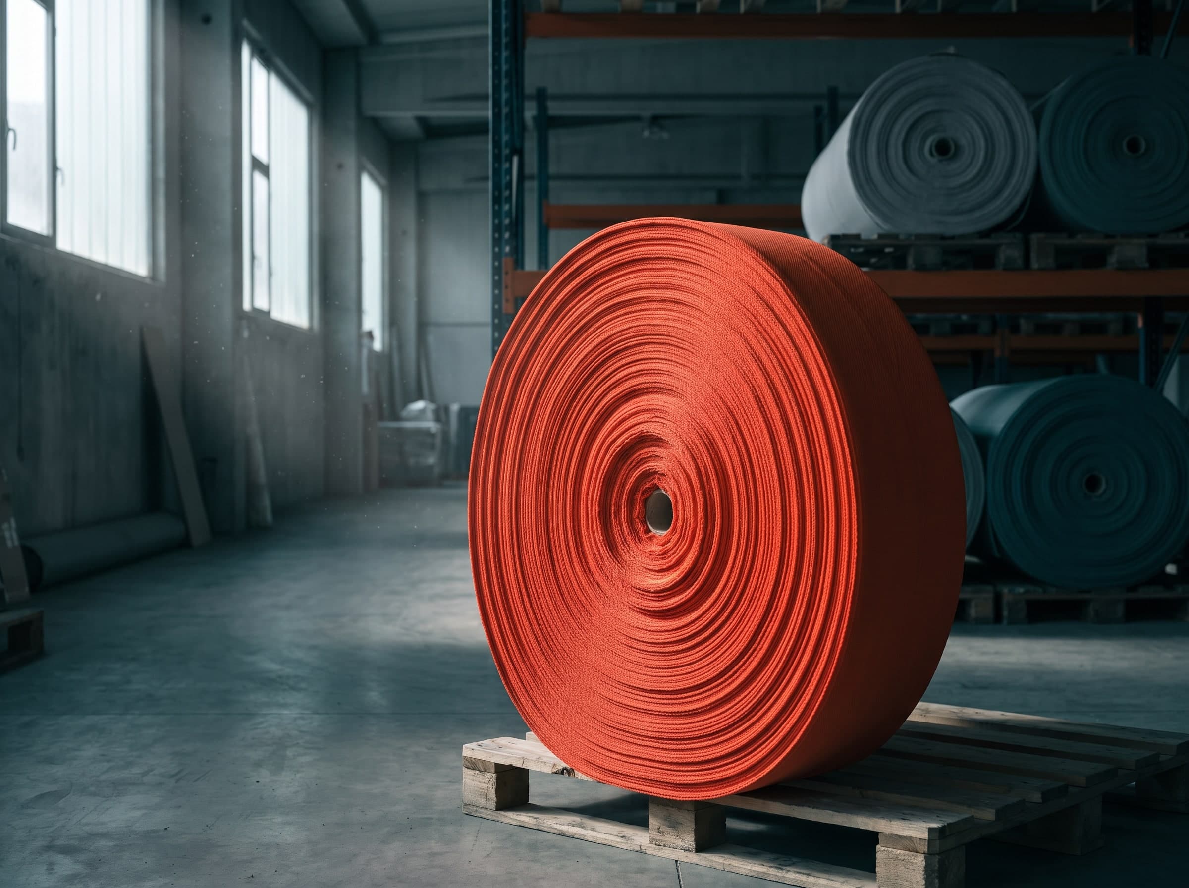 A roll of woven technical fabric standing upright on a pallet in a storage hall