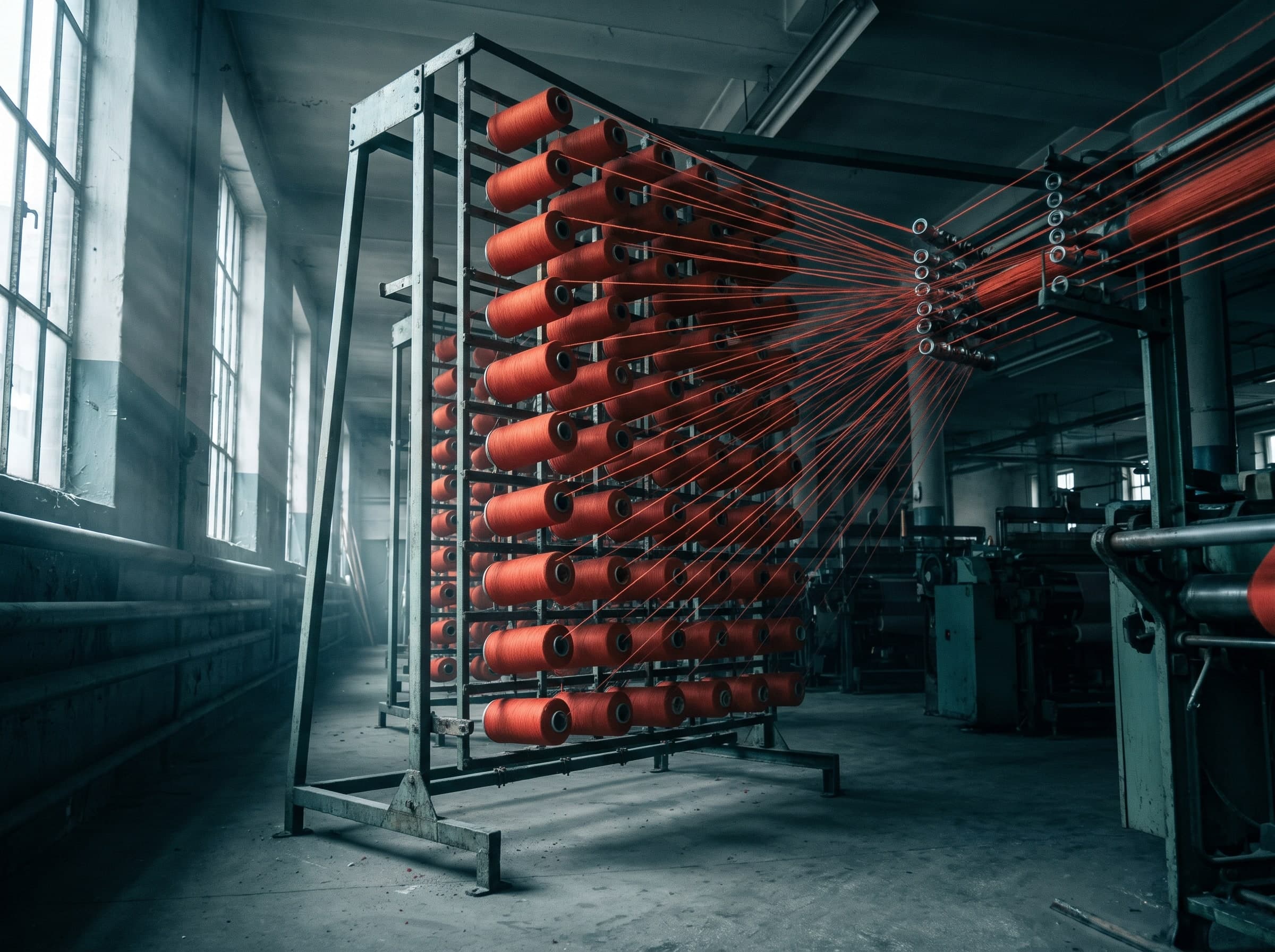 A creel frame loaded with yarn bobbins, hundreds of threads converging into the depth of the hall