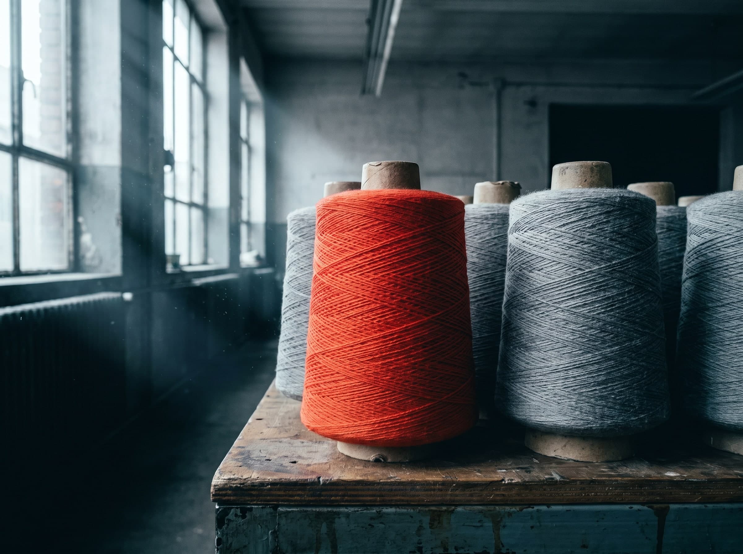 Industrial yarn cones side by side, one of them wound with vermilion yarn