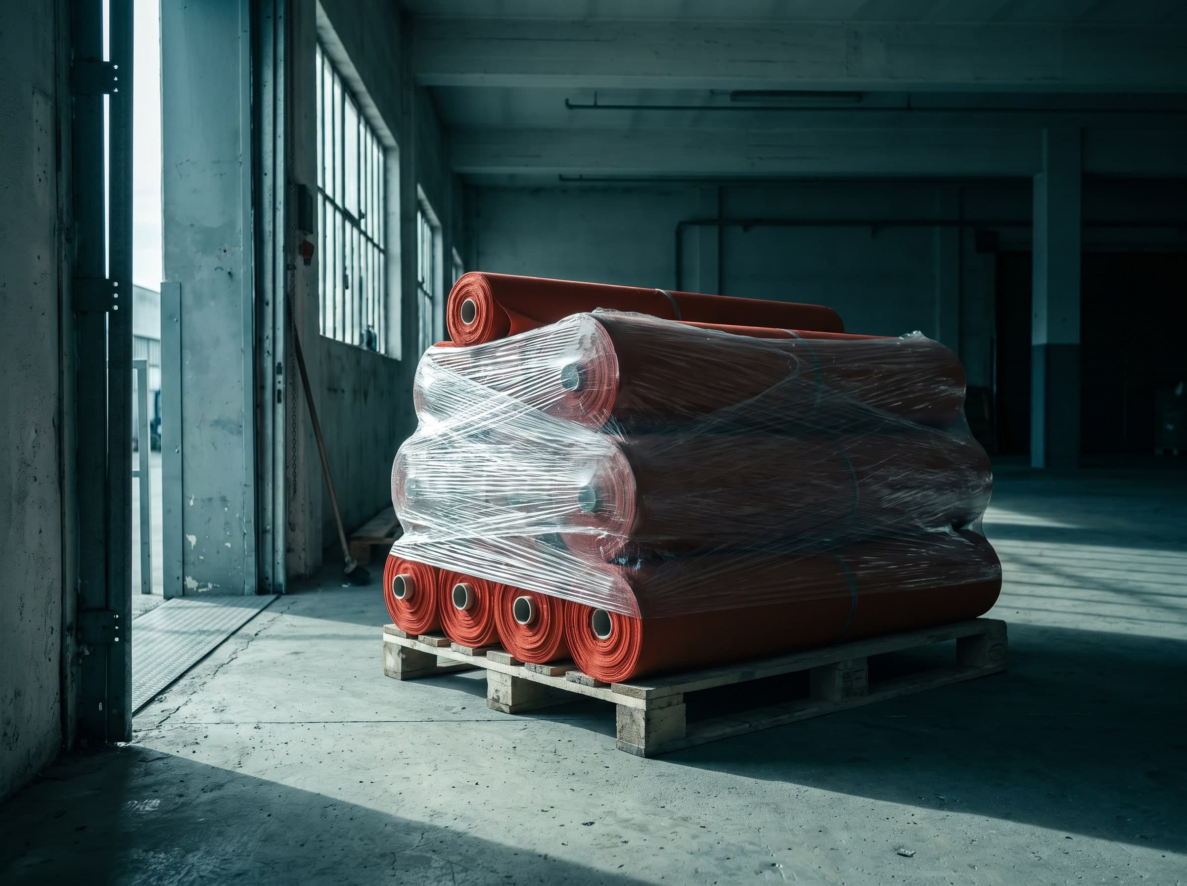 Shrink-wrapped rolls of technical fabric on a pallet at an open loading dock